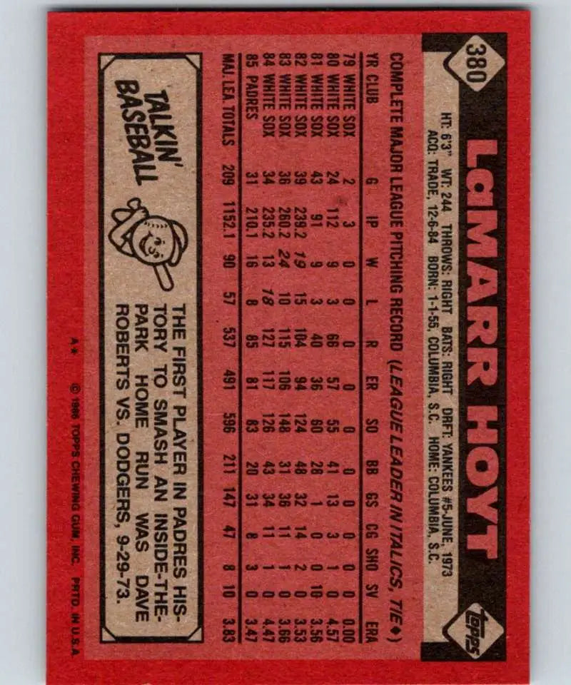 1986 Topps #380 LaMarr Hoyt EX Excellent San Diego Padres Baseball Card - Baseball Card Single