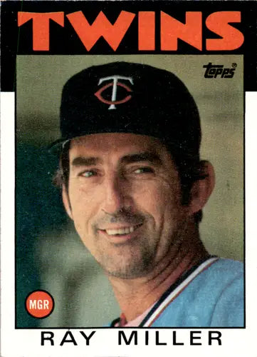 Original gloss of Ray Miller baseball card from 1986 Topps, Twins player