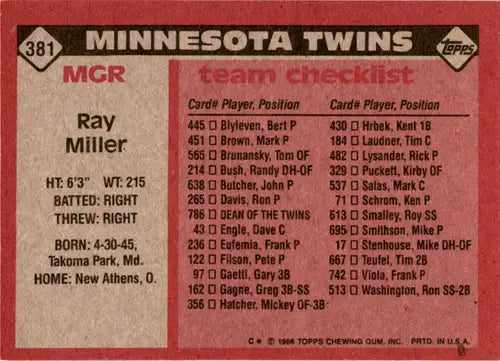 1986 Topps Ray Miller baseball card back with original gloss and unique Twins design