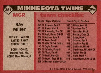 1986 Topps Ray Miller baseball card back with original gloss and unique Twins design