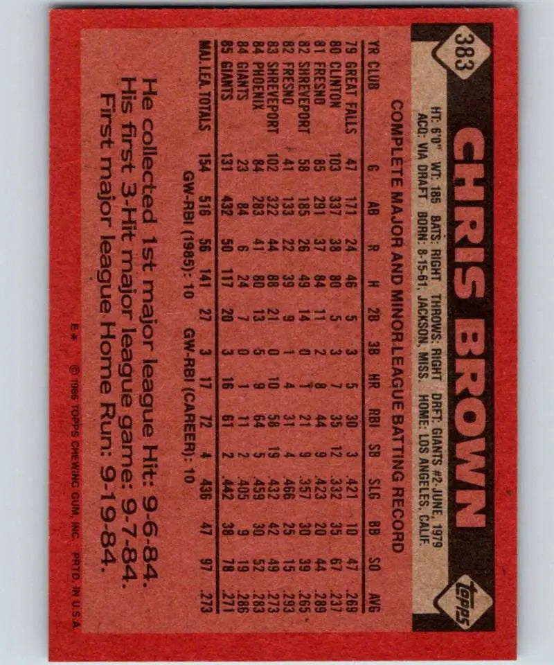 1986 Topps #383 Chris Brown EX Excellent RC Rookie San Francisco Giants Baseball Card - Baseball Card Single