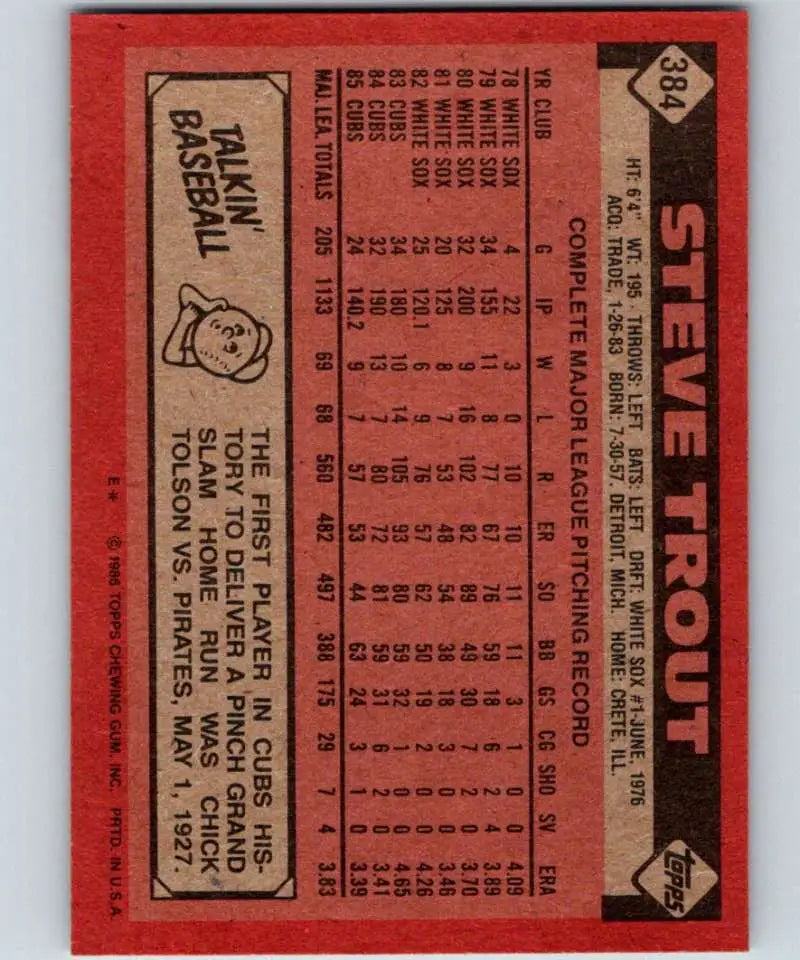 1986 Topps #384 Steve Trout EX Excellent Chicago Cubs Baseball Card - Baseball Card Single