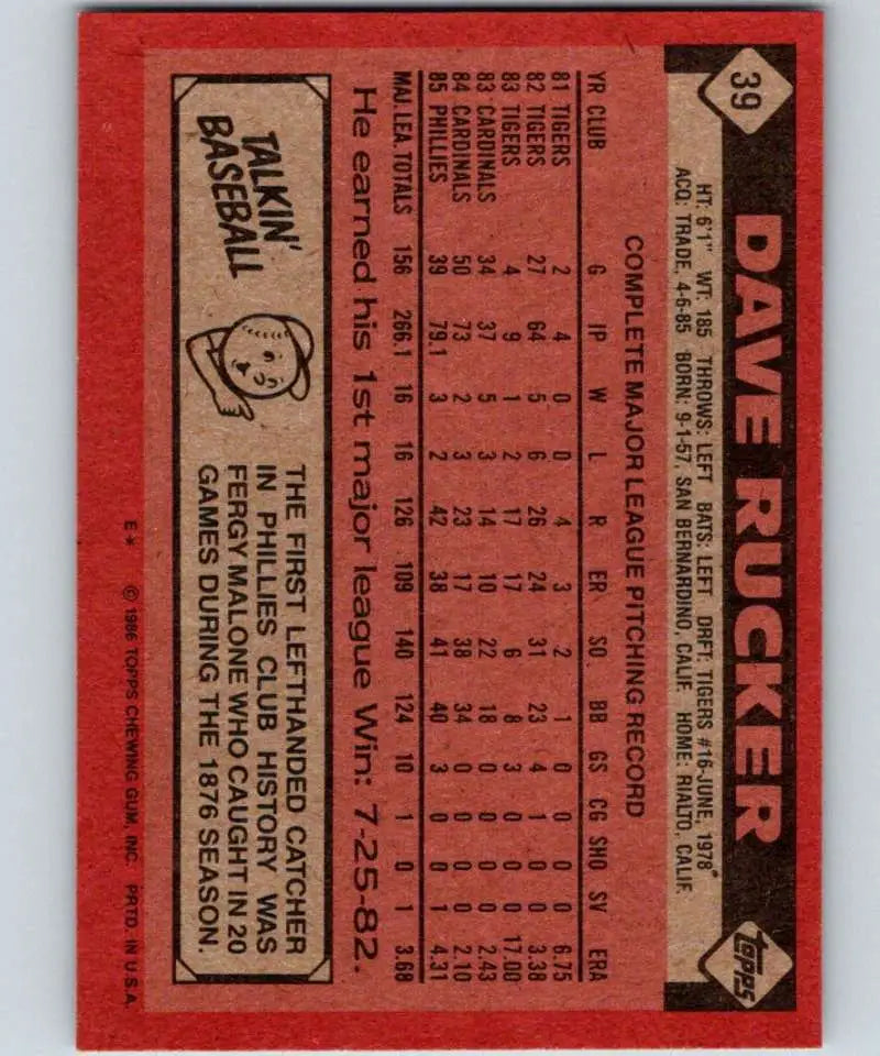 1986 Topps #39 Dave Rucker EX Excellent Philadelphia Phillies Baseball Card - Baseball Card Single