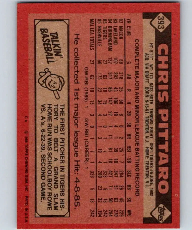 1986 Topps #393 Chris Pittaro EX Excellent RC Rookie Detroit Tigers Baseball Card - Baseball Card Single