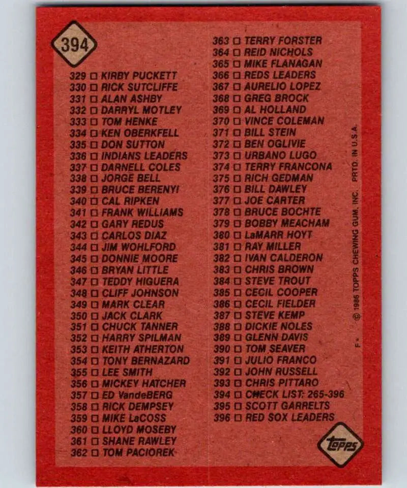 1986 Topps #394 Checklist 265-396 EX Excellent Baseball Card - Baseball Card Single