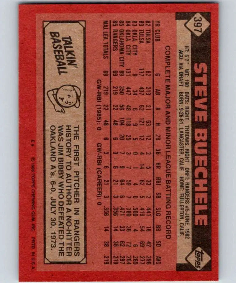 1986 Topps #397 Steve Buechele EX Excellent RC Rookie Texas Rangers Baseball Card - Baseball Card Single