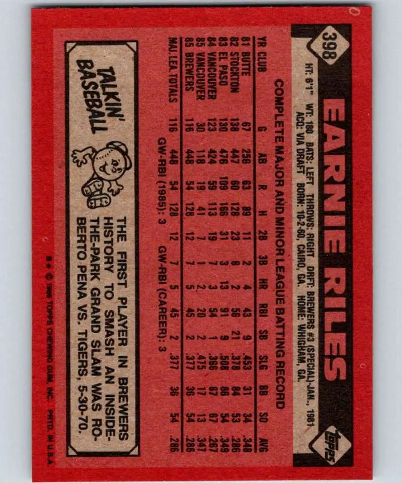 1986 Topps #398 Ernest Riles EX Excellent Milwaukee Brewers Baseball Card - Baseball Card Single