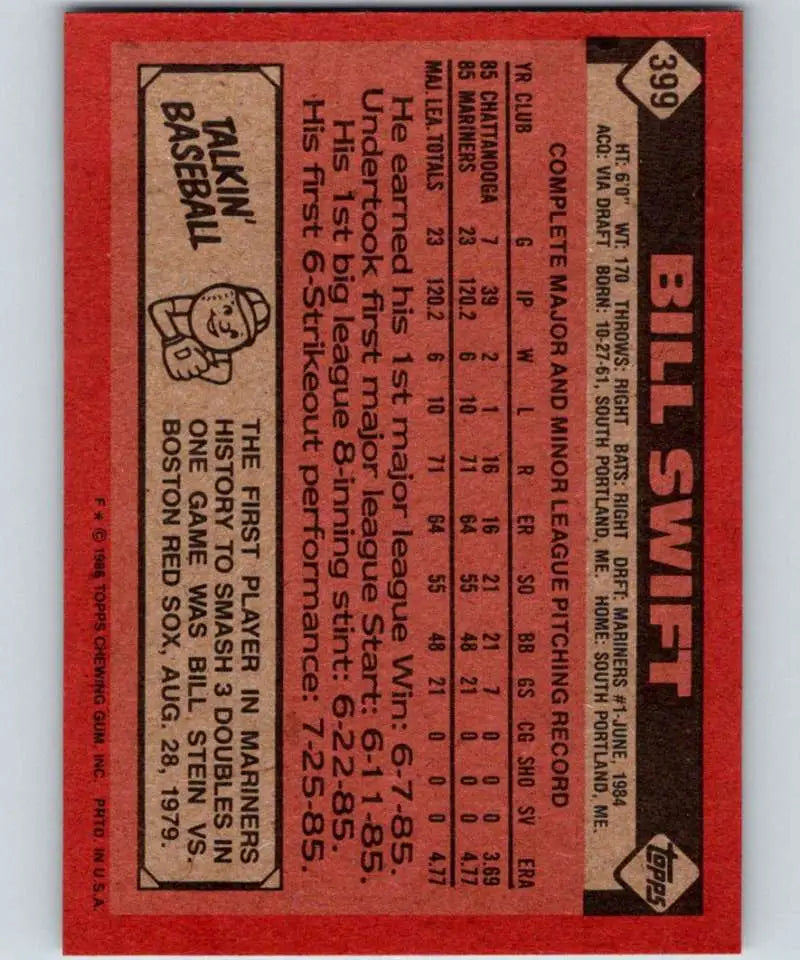 1986 Topps #399 Bill Swift EX Excellent Seattle Mariners Baseball Card - Baseball Card Single