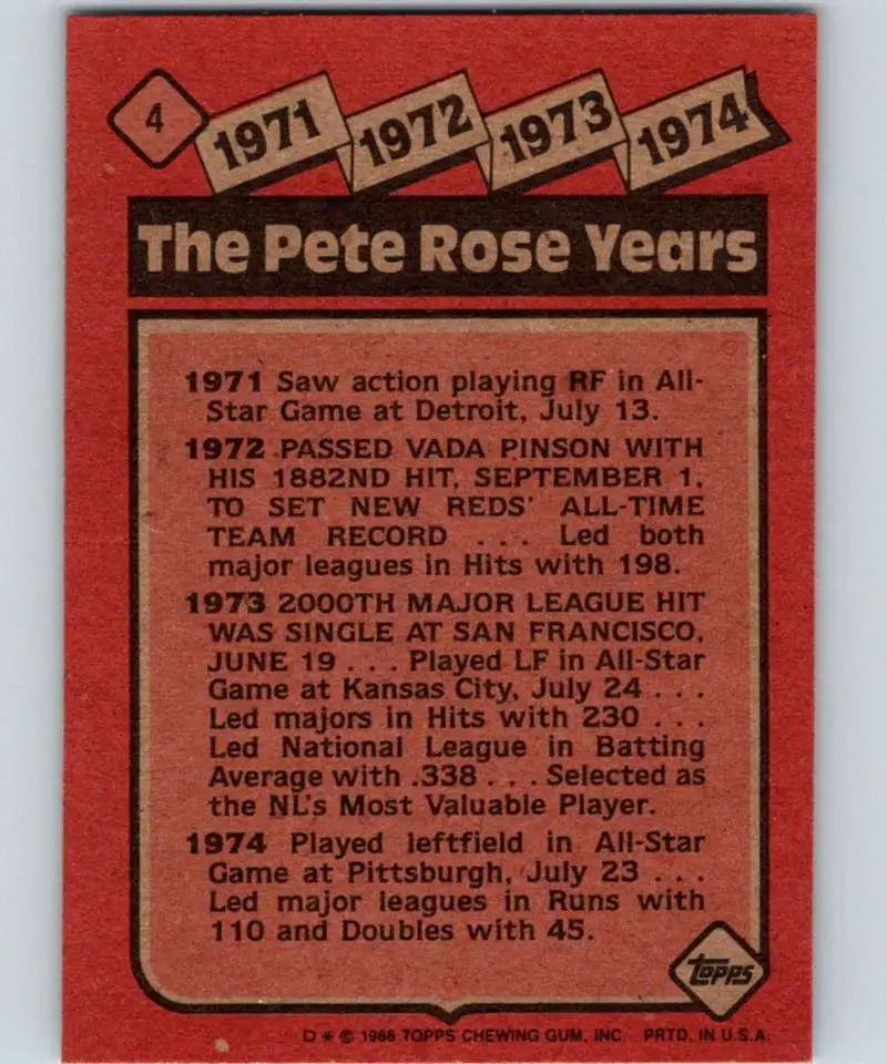 1986 Topps #4 Pete Rose EX Excellent Cincinnati Reds Baseball Card - Baseball Card Single
