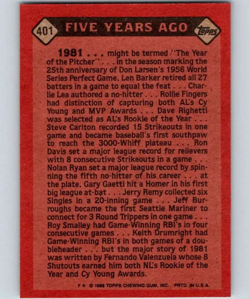 1986 Topps #401 Fernando Valenzuela EX Excellent Los Angeles Dodgers Baseball Card - Baseball Card Single