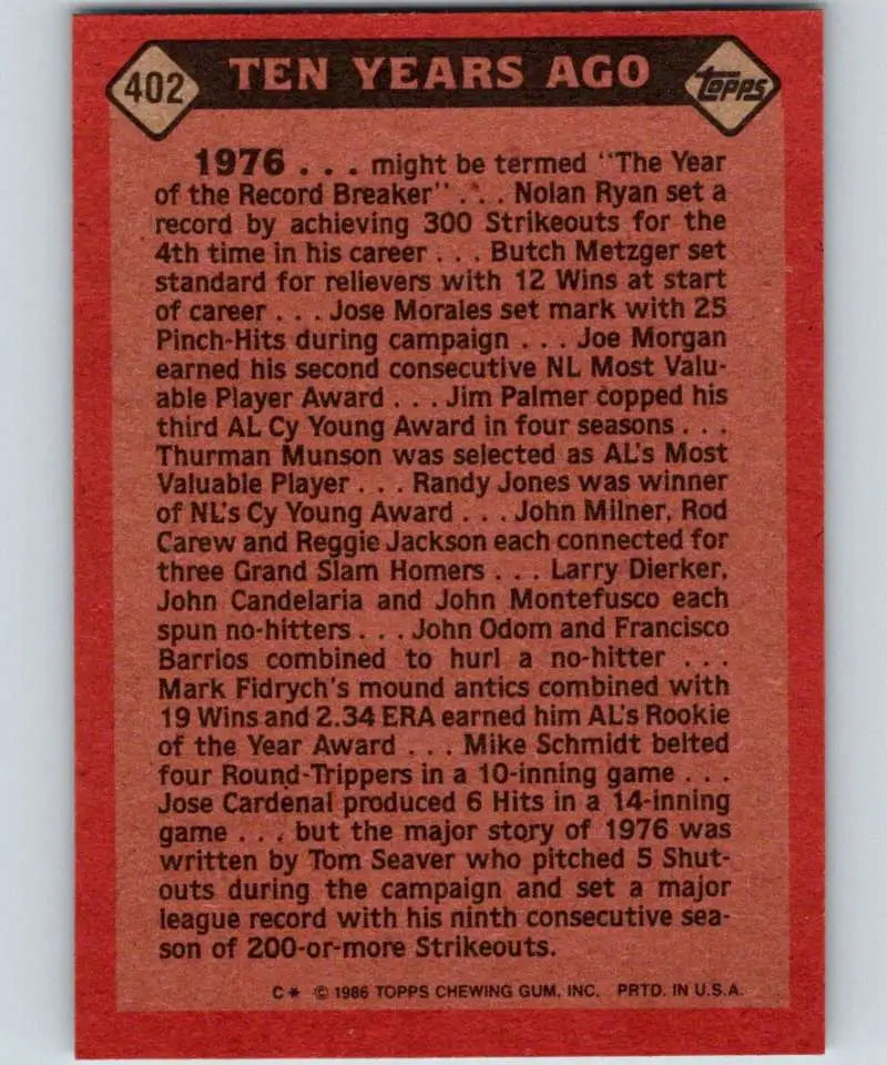 1986 Topps #402 Tom Seaver EX Excellent New York Mets Baseball Card - Baseball Card Single