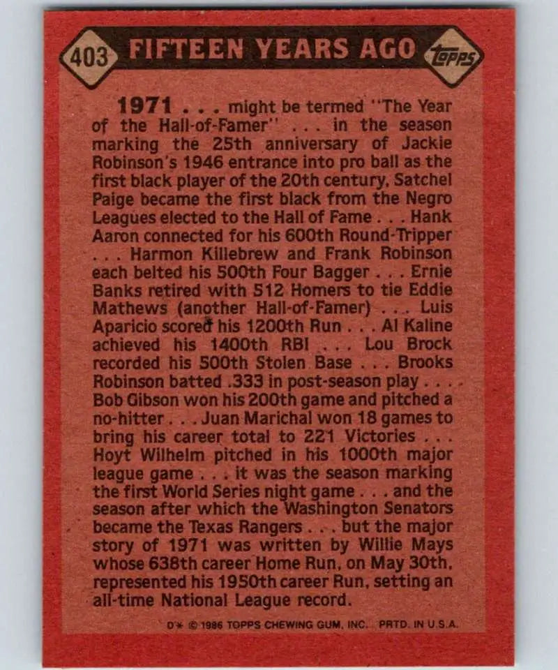 1986 Topps #403 Willie Mays EX Excellent San Francisco Giants Baseball Card - Baseball Card Single