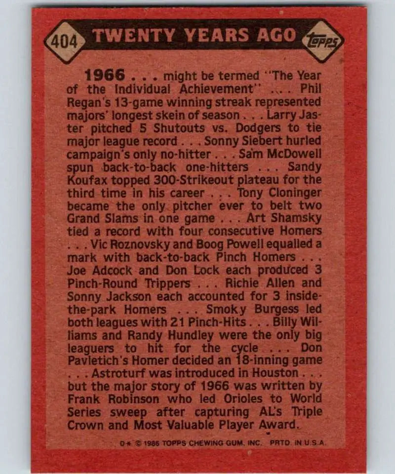 1986 Topps #404 Frank Robinson EX Excellent Baltimore Orioles Baseball Card - Baseball Card Single