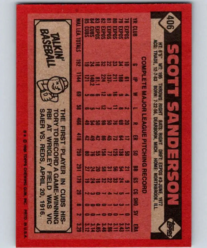 1986 Topps #406 Scott Sanderson EX Excellent Chicago Cubs Baseball Card - Baseball Card Single