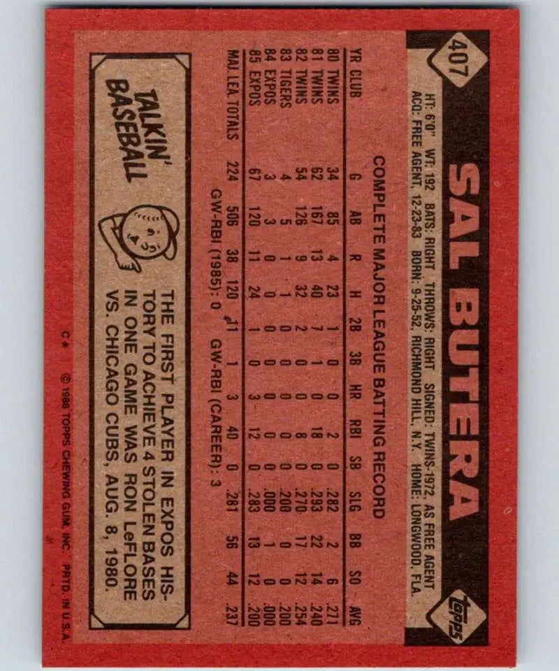 1986 Topps #407 Sal Butera EX Excellent Montreal Expos Baseball Card - Baseball Card Single