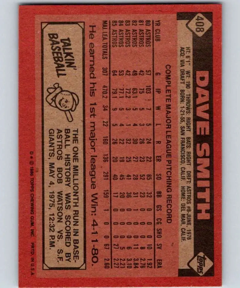 1986 Topps #408 Dave Smith EX Excellent Houston Astros Baseball Card - Baseball Card Single
