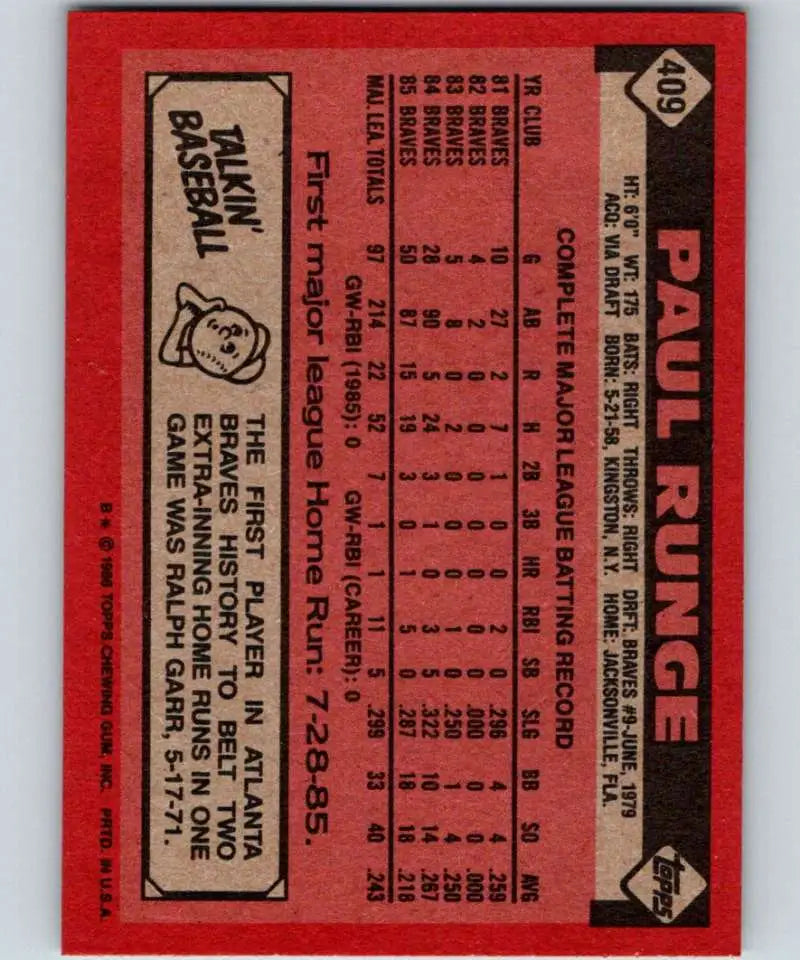 1986 Topps #409 Paul Runge EX Excellent RC Rookie Atlanta Braves Baseball Card - Baseball Card Single