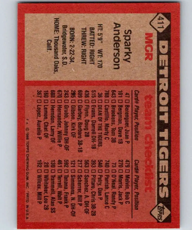 1986 Topps #411 Sparky Anderson EX Excellent Detroit Tigers Baseball Card - Baseball Card Single