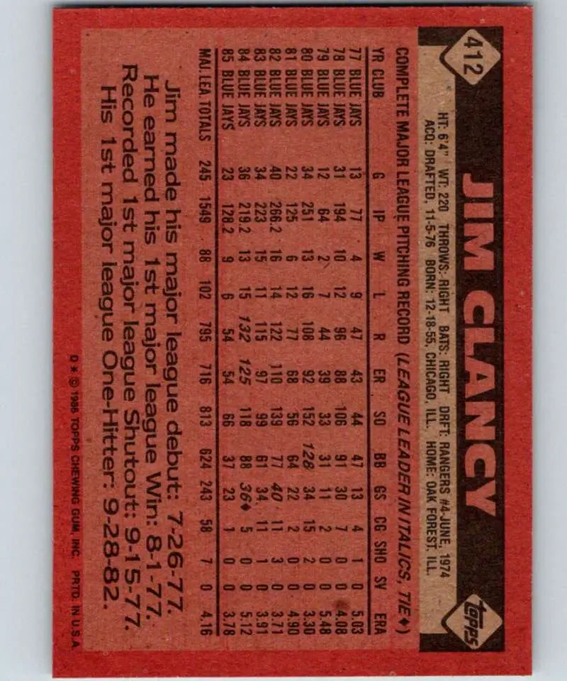 1986 Topps #412 Jim Clancy EX Excellent Toronto Blue Jays Baseball Card - Baseball Card Single