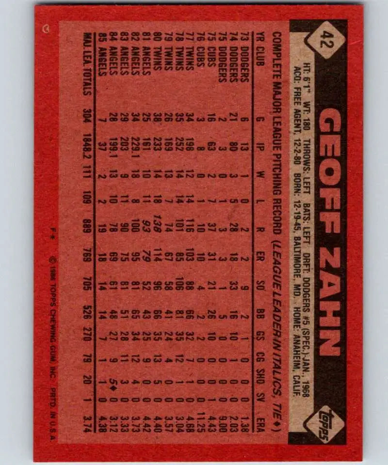 1986 Topps #42 Geoff Zahn EX Excellent California Angels Baseball Card - Baseball Card Single