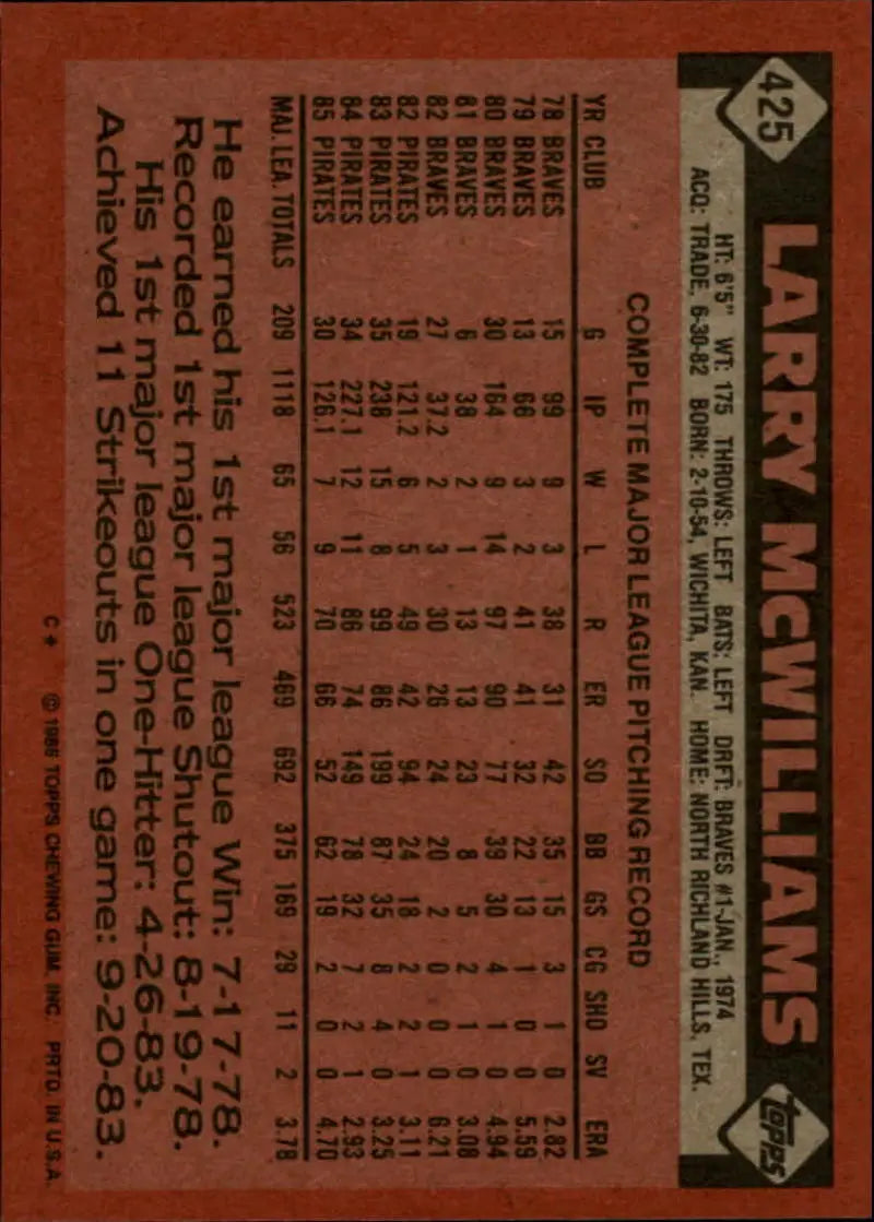 1986 Topps #425 Larry McWilliams EX Excellent Pittsburgh Pirates Baseball Card - Baseball Card Single