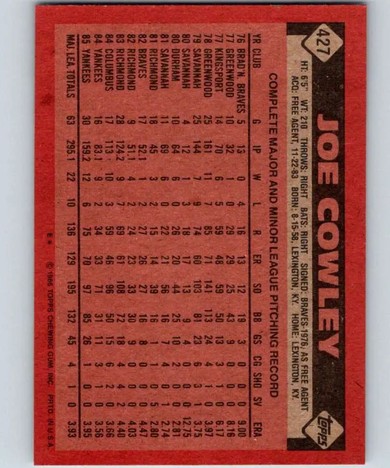 1986 Topps #427 Joe Cowley EX Excellent New York Yankees Baseball Card - Baseball Card Single