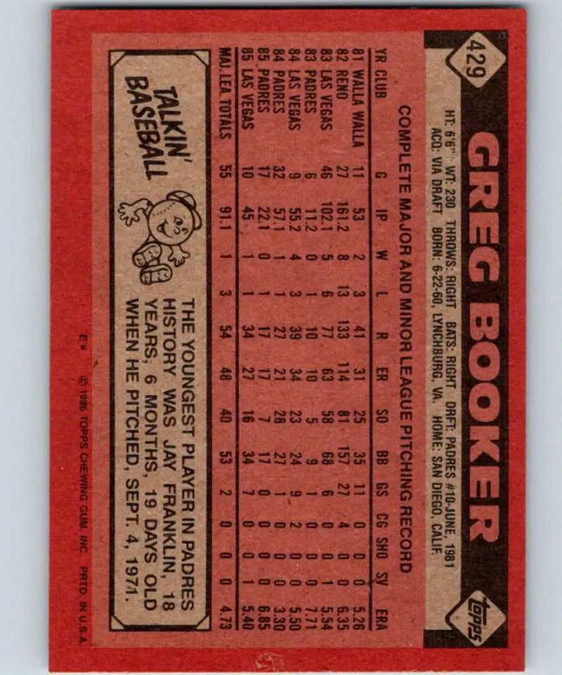 1986 Topps #429 Greg Booker EX Excellent San Diego Padres Baseball Card - Baseball Card Single