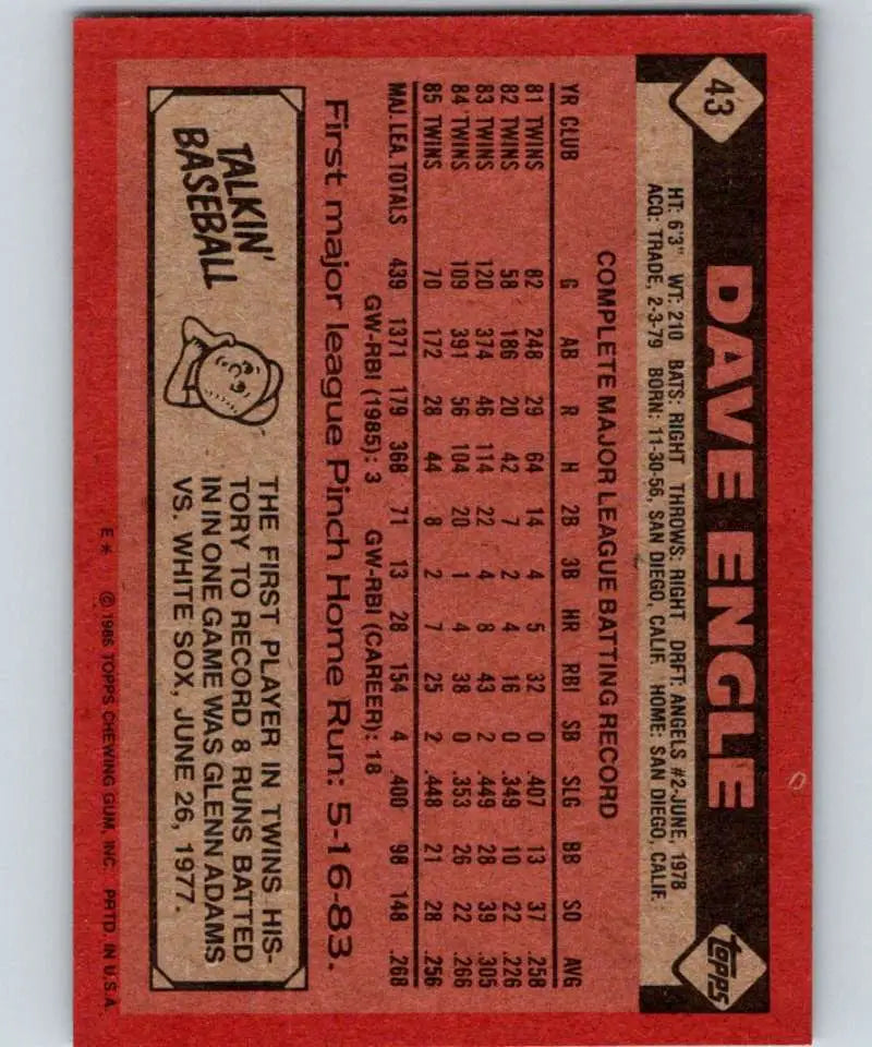 1986 Topps #43 Dave Engle EX Excellent Minnesota Twins Baseball Card - Baseball Card Single