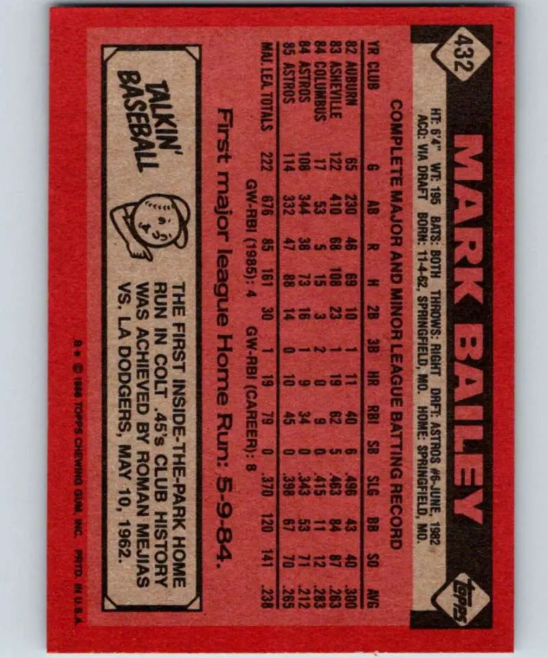 1986 Topps #432 Mark Bailey EX Excellent Houston Astros Baseball Card - Baseball Card Single