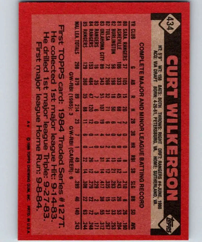 1986 Topps #434 Curtis Wilkerson EX Excellent Texas Rangers Baseball Card - Baseball Card Single