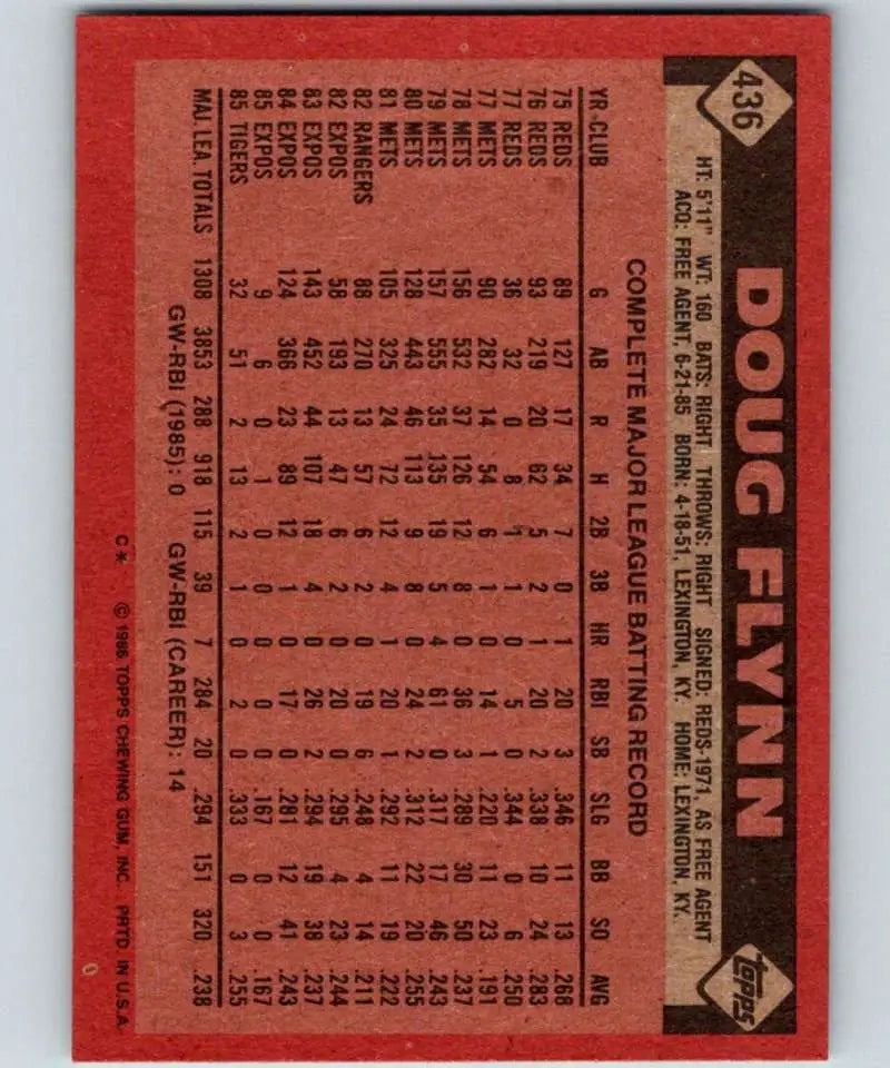 1986 Topps #436 Doug Flynn EX Excellent Detroit Tigers Baseball Card - Baseball Card Single