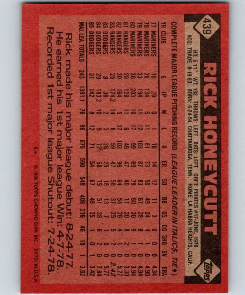 1986 Topps #439 Rick Honeycutt EX Excellent Los Angeles Dodgers Baseball Card - Baseball Card Single