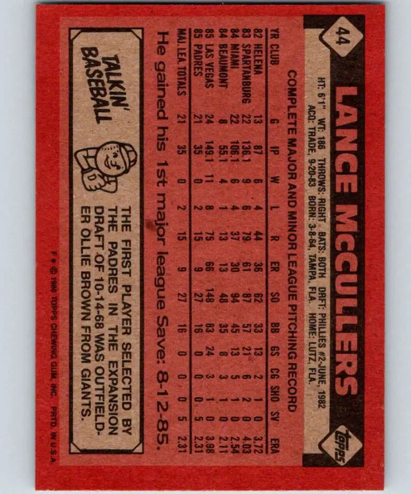 1986 Topps #44 Lance McCullers EX Excellent RC Rookie San Diego Padres Baseball Card - Baseball Card Single