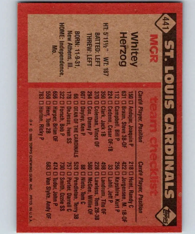 1986 Topps #441 Whitey Herzog EX Excellent St. Louis Cardinals Baseball Card - Baseball Card Single