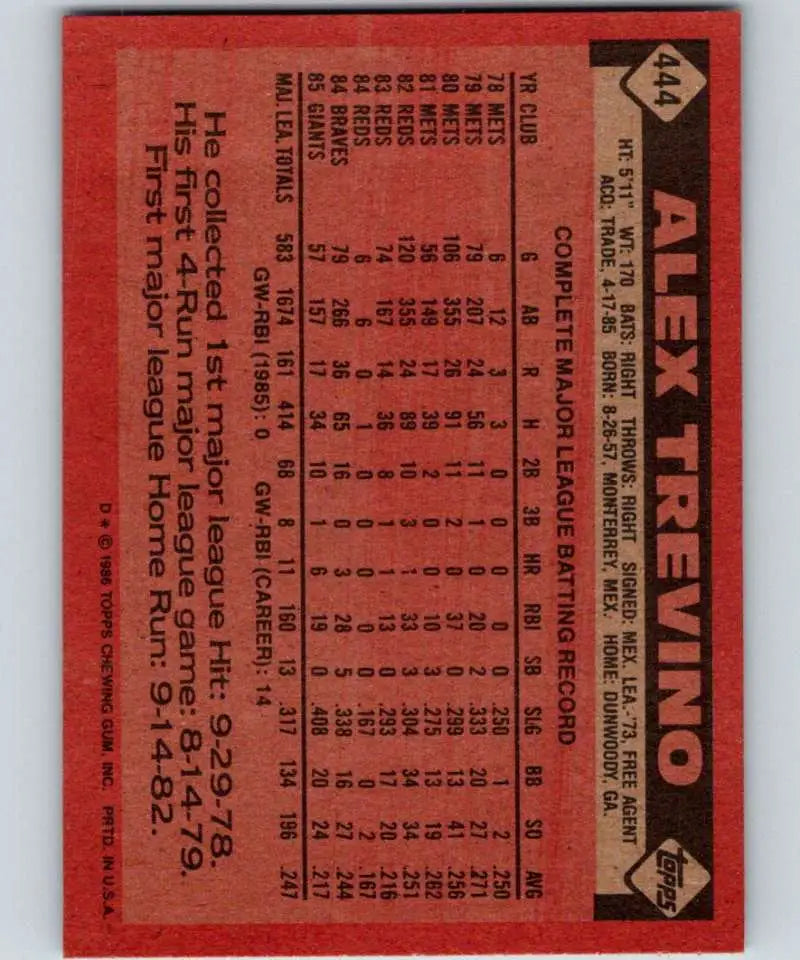 1986 Topps #444 Alex Trevino EX Excellent San Francisco Giants Baseball Card - Baseball Card Single