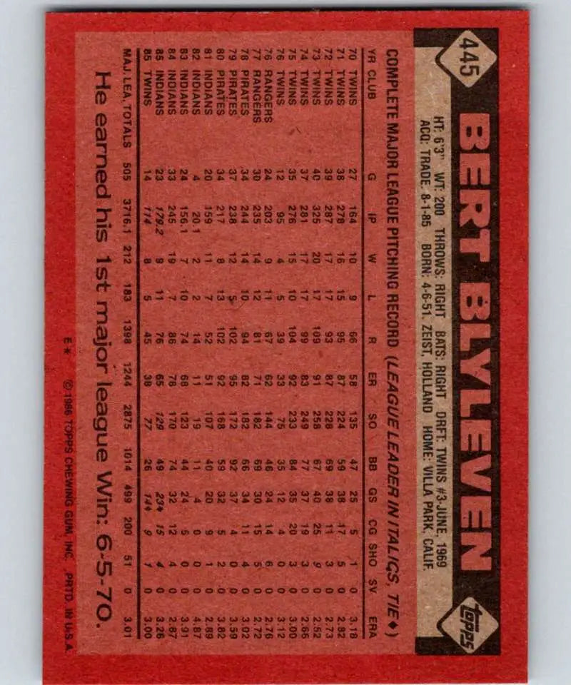 1986 Topps #445 Bert Blyleven EX Excellent Minnesota Twins Baseball Card - Baseball Card Single