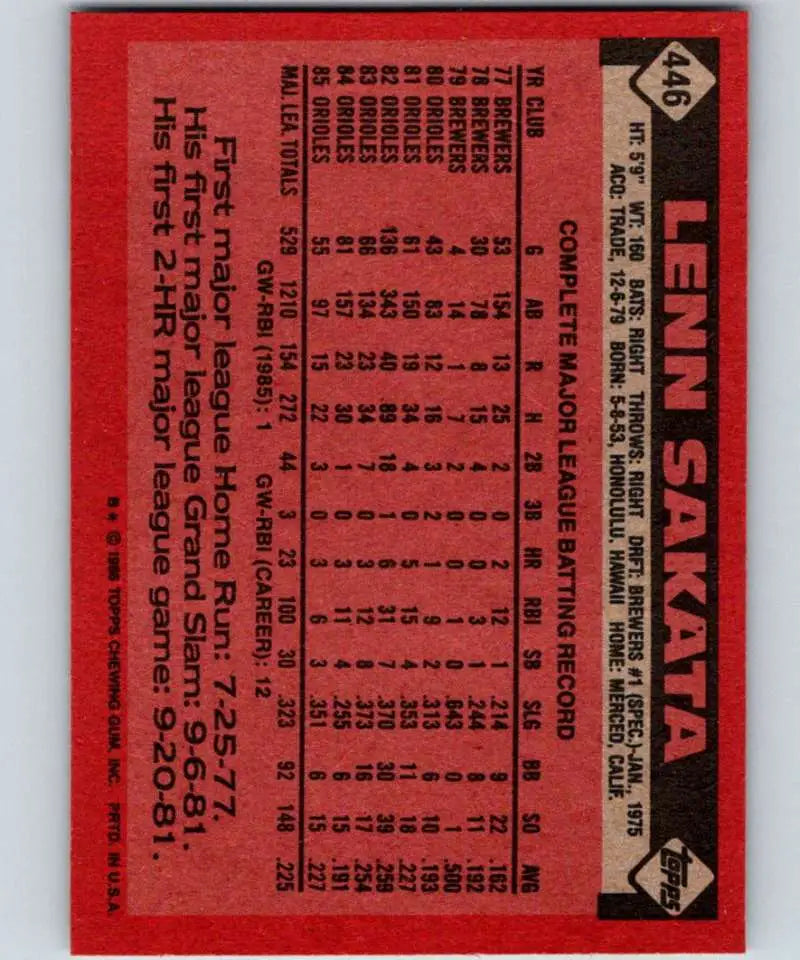 1986 Topps #446 Lenn Sakata EX Excellent Baltimore Orioles Baseball Card - Baseball Card Single