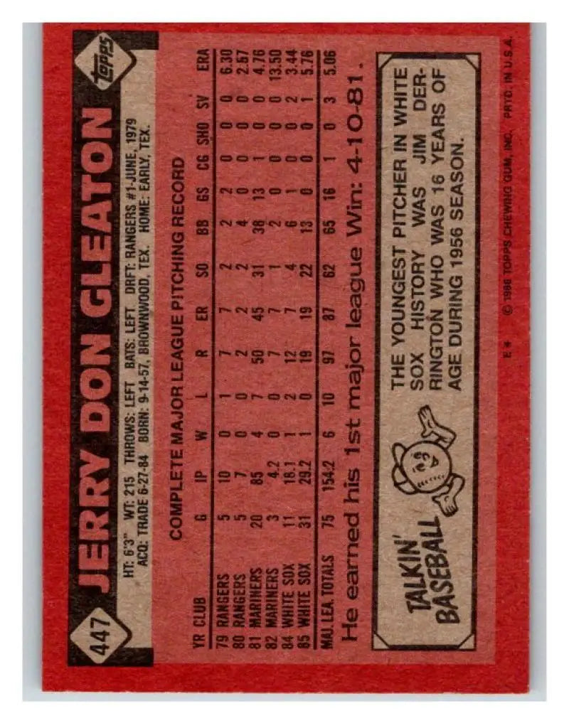 1986 Topps #447 Jerry Don Gleaton EX Excellent Chicago White Sox Baseball Card - Baseball Card Single