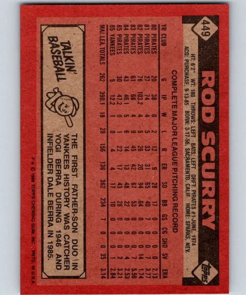 1986 Topps #449 Rod Scurry EX Excellent New York Yankees Baseball Card - Baseball Card Single
