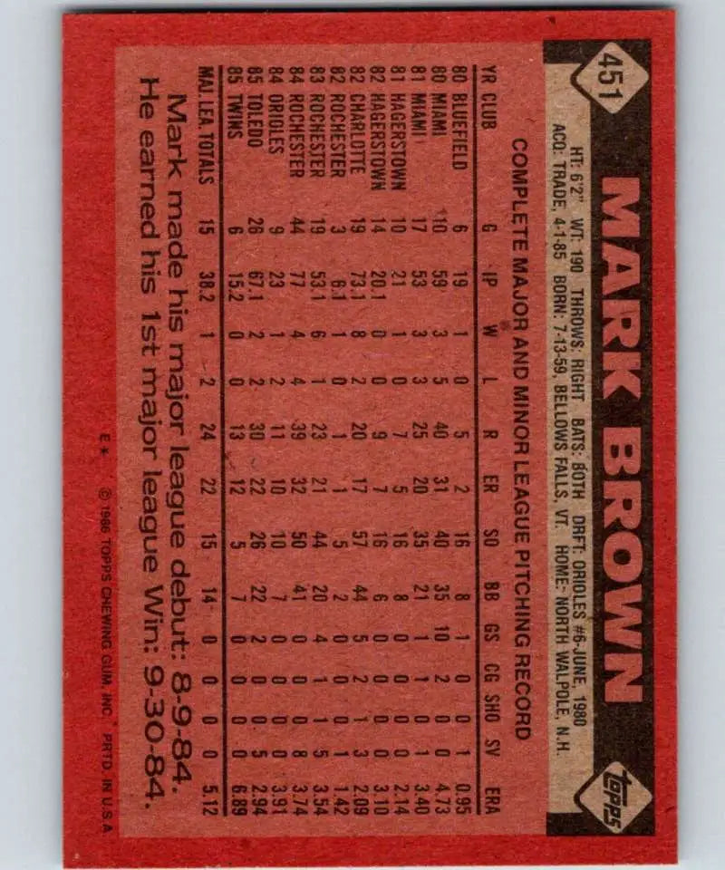 1986 Topps #451 Mark Brown EX Excellent RC Rookie Minnesota Twins Baseball Card - Baseball Card Single