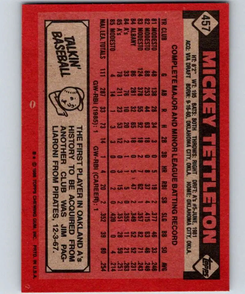 1986 Topps #457 Mickey Tettleton EX Excellent RC Rookie Oakland Athletics Baseball Card - Baseball Card Single