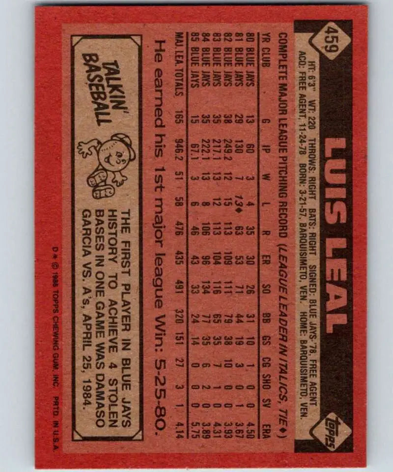 1986 Topps #459 Luis Leal EX Excellent Toronto Blue Jays Baseball Card - Baseball Card Single