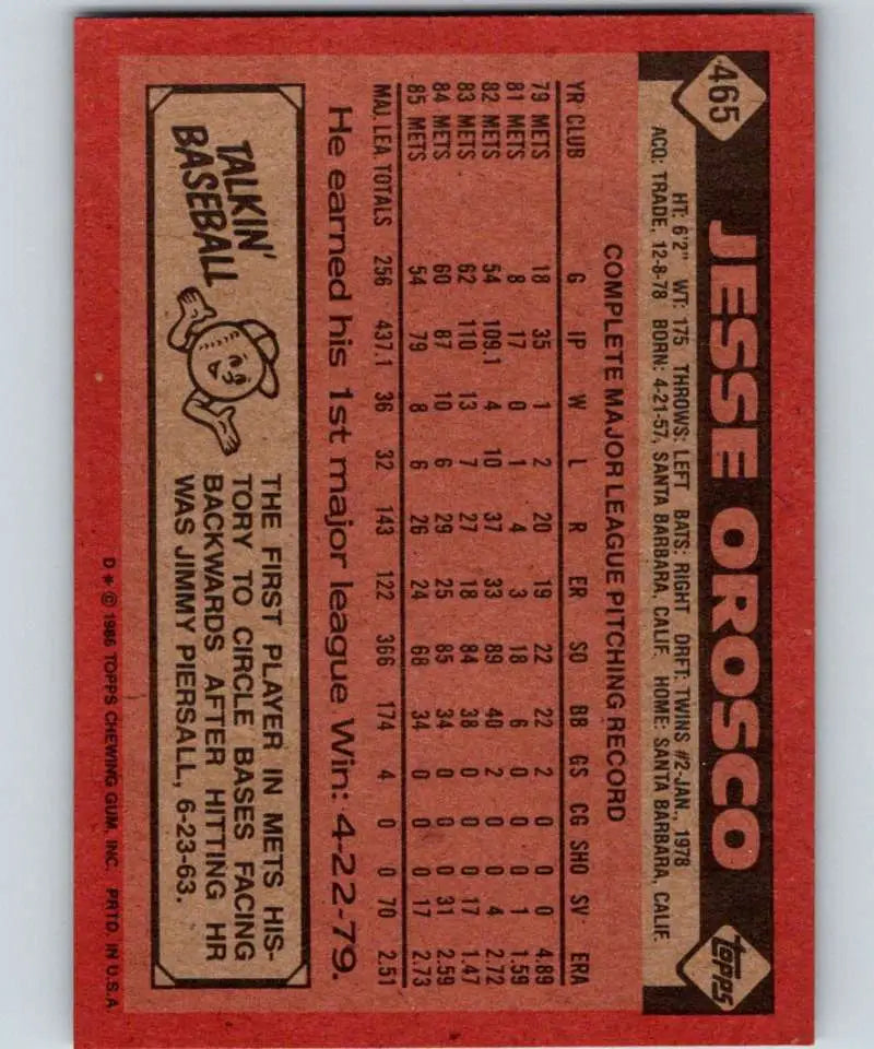 1986 Topps #465 Jesse Orosco EX Excellent New York Mets Baseball Card - Baseball Card Single