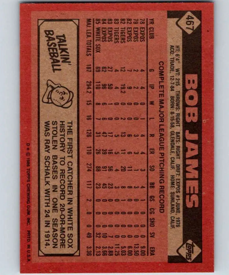 1986 Topps #467 Bob James EX Excellent Chicago White Sox Baseball Card - Baseball Card Single