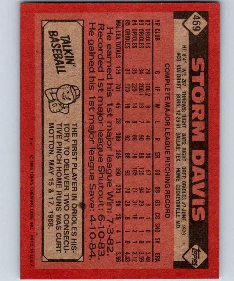 1986 Topps #469 Storm Davis EX Excellent Baltimore Orioles Baseball Card - Baseball Card Single