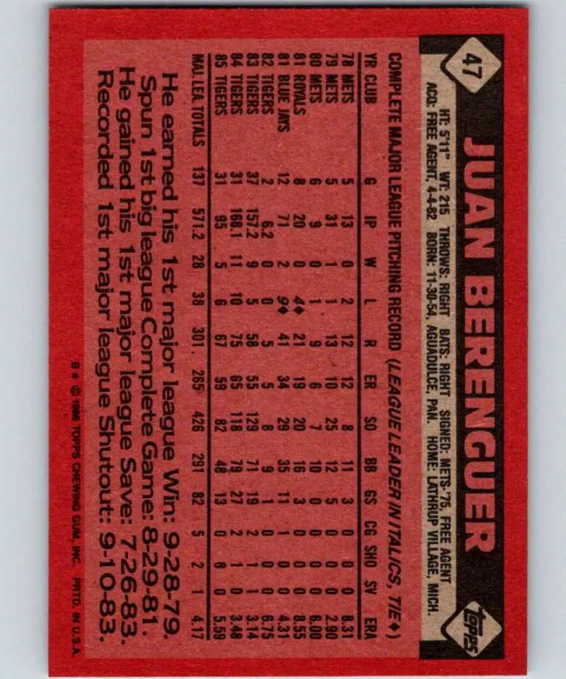 1986 Topps #47 Juan Berenguer EX Excellent Detroit Tigers Baseball Card - Baseball Card Single