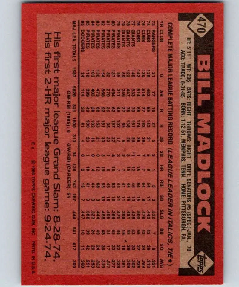 1986 Topps #470 Bill Madlock EX Excellent Los Angeles Dodgers Baseball Card - Baseball Card Single