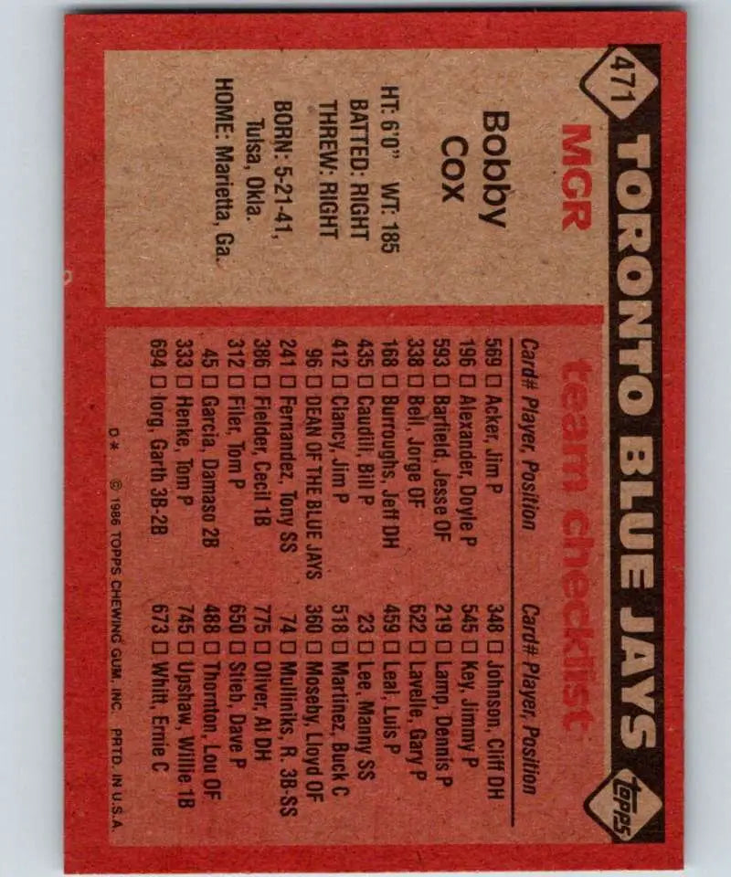 1986 Topps #471 Bobby Cox EX Excellent Toronto Blue Jays Baseball Card - Baseball Card Single