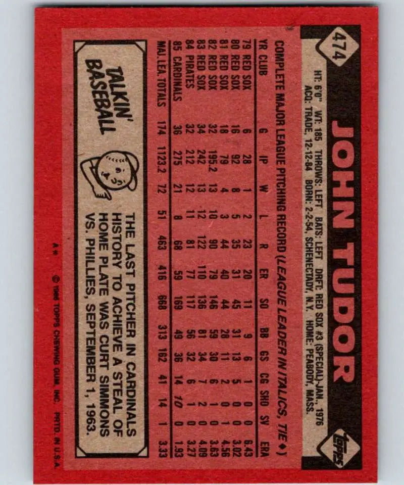 1986 Topps #474 John Tudor EX Excellent St. Louis Cardinals Baseball Card - Baseball Card Single