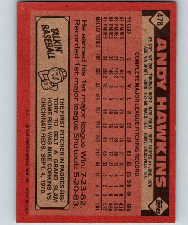 1986 Topps #478 Andy Hawkins EX Excellent San Diego Padres Baseball Card - Baseball Card Single